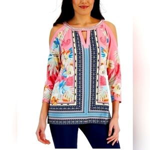 JM Collection Women's Mixed Print Cold Shoulder Top Created for Macy's Size M